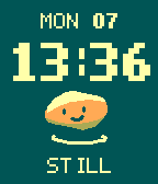 Pond on Pebble Time: a large pixel clock, smiling stone, and Still status.